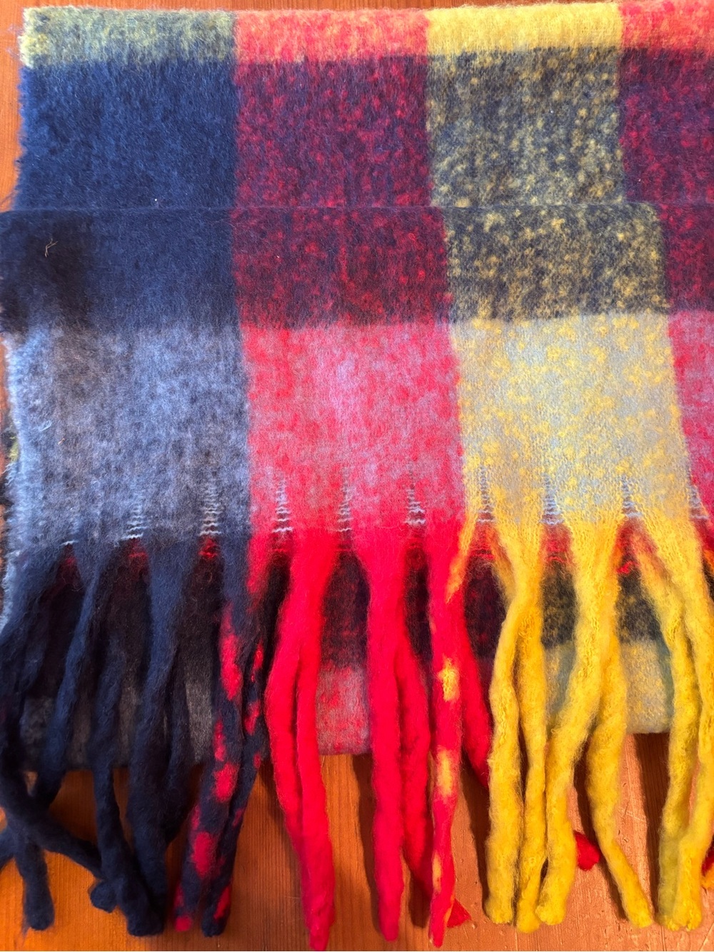 NWOT Oversized Multicolor Plaid Fringe Scarf - Shawl, Blue, Red & Yellow